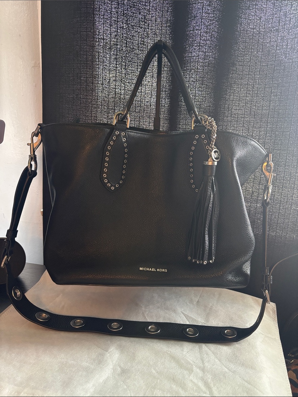 Michael Kors large rare Brooklyn Black Leather Tote with Tassel and Stud Accents